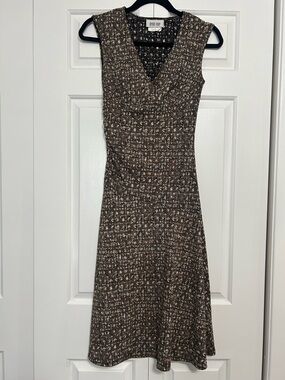 Vintage Late 90s Byer Too! Brown Black Tan Patterned V-Neck Midi Side Ruching